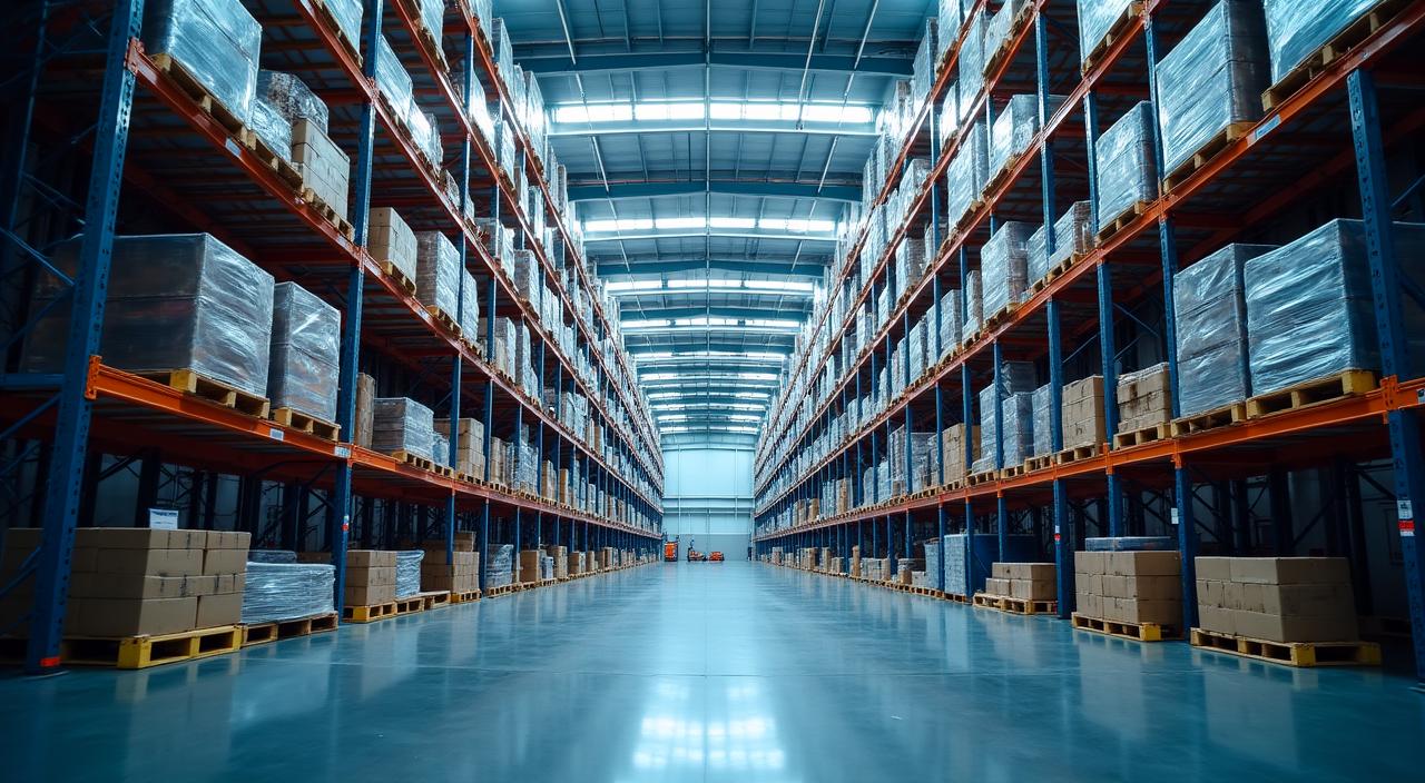 Large scale modern logistics warehouse interior with high stacking shelves