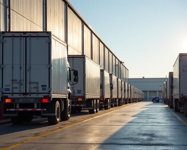 Active warehouse loading bay with trucks